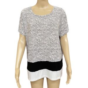 Ivanka Trump Black and White Block Scallop Print Gold Bar Blouse size XL